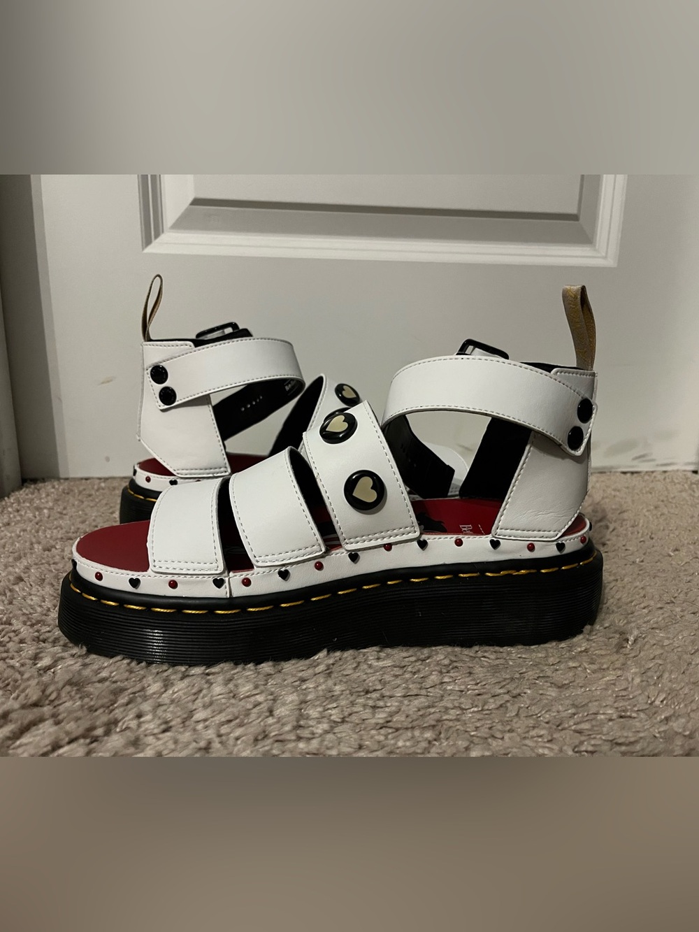 Dr. Martens White Leather Platform Sandals with Black Lug Sole and Red Footbed
